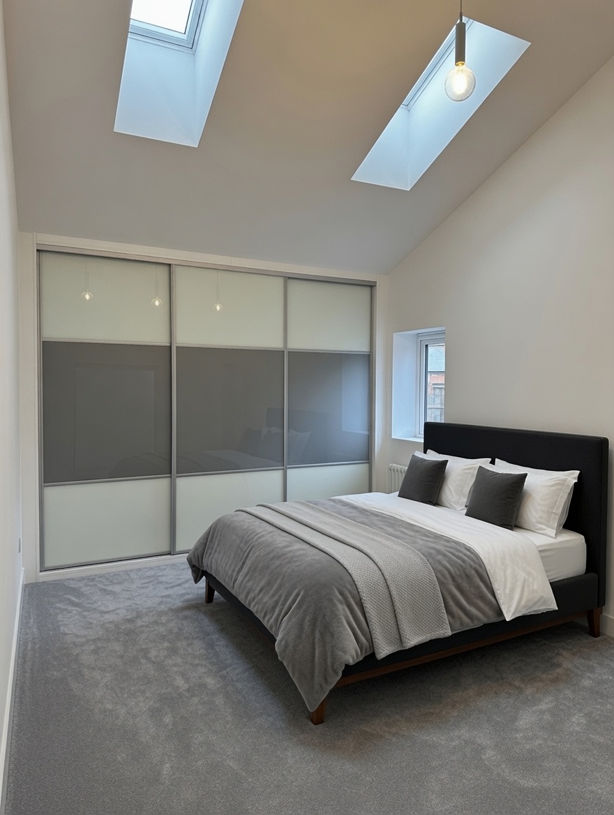Soft white frames with grey glass beneath skylights in Barry