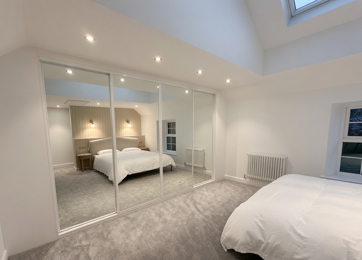 Four full-height mirror sliding doors in white frames beneath a sloping ceiling in Swansea