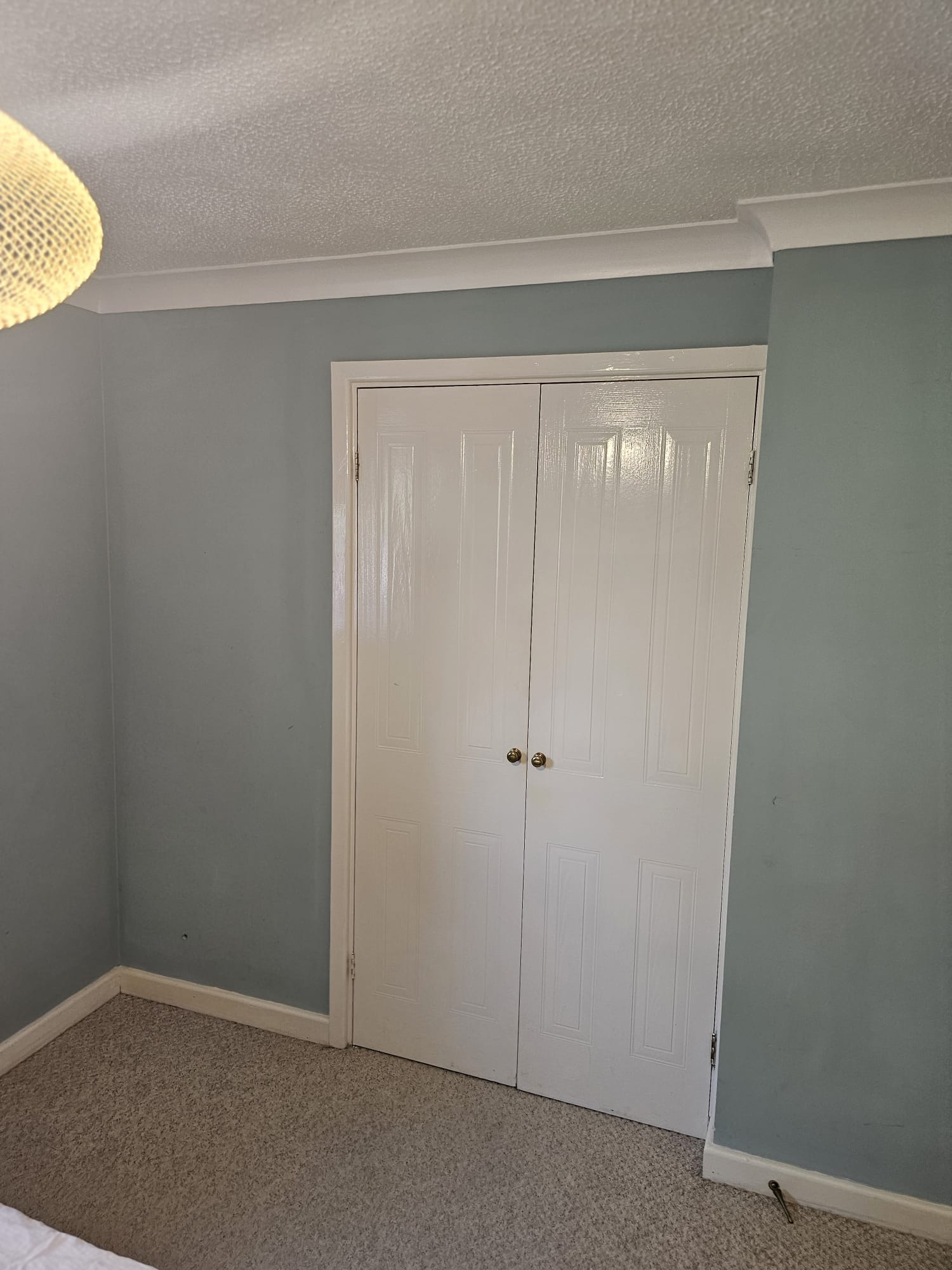 Bedroom in pale blue with old white hinged wardrobe doors before sliding wardrobes were installed
