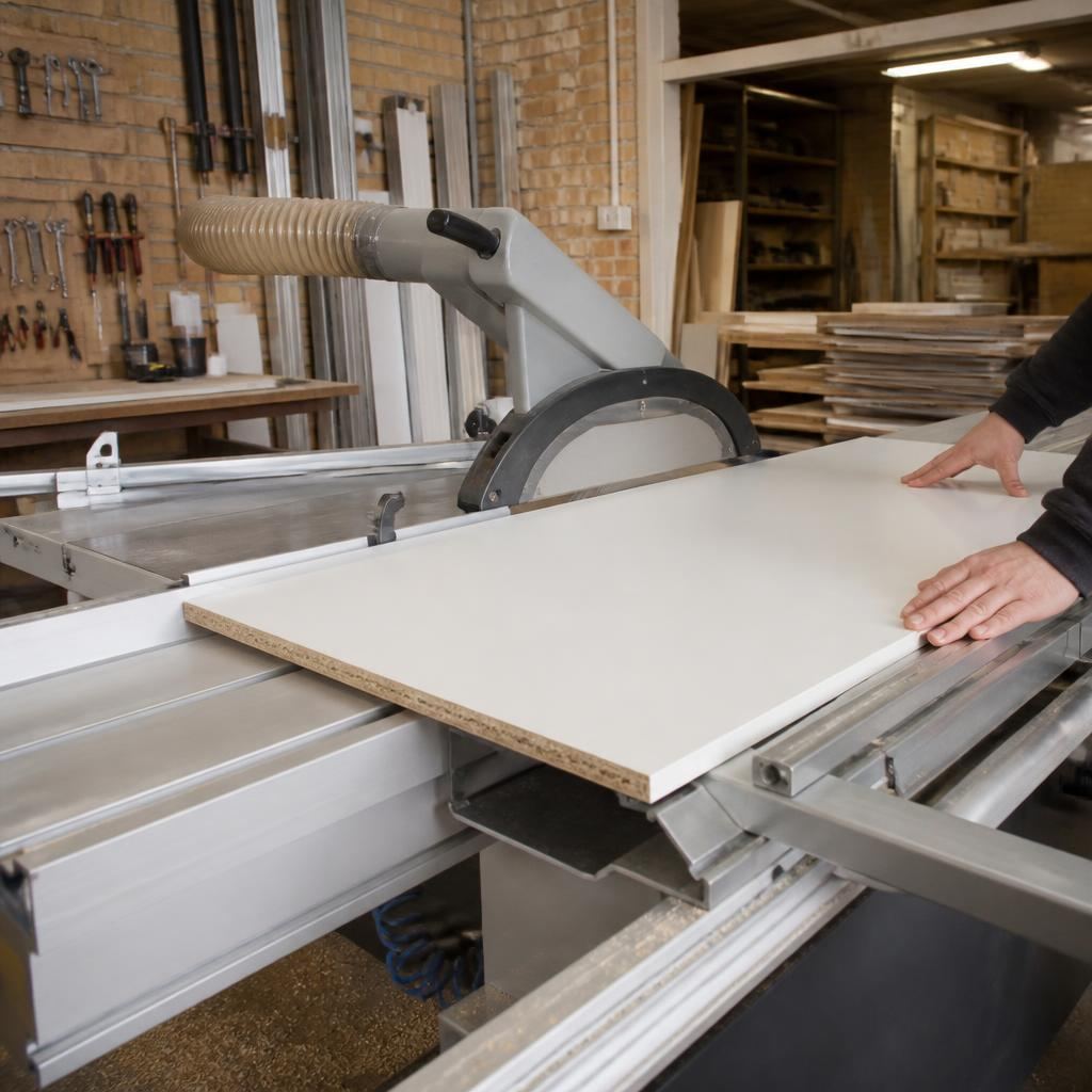 Wardrobe door board being cut to size in the SP Mirror Wardrobes workshop in Pontypridd