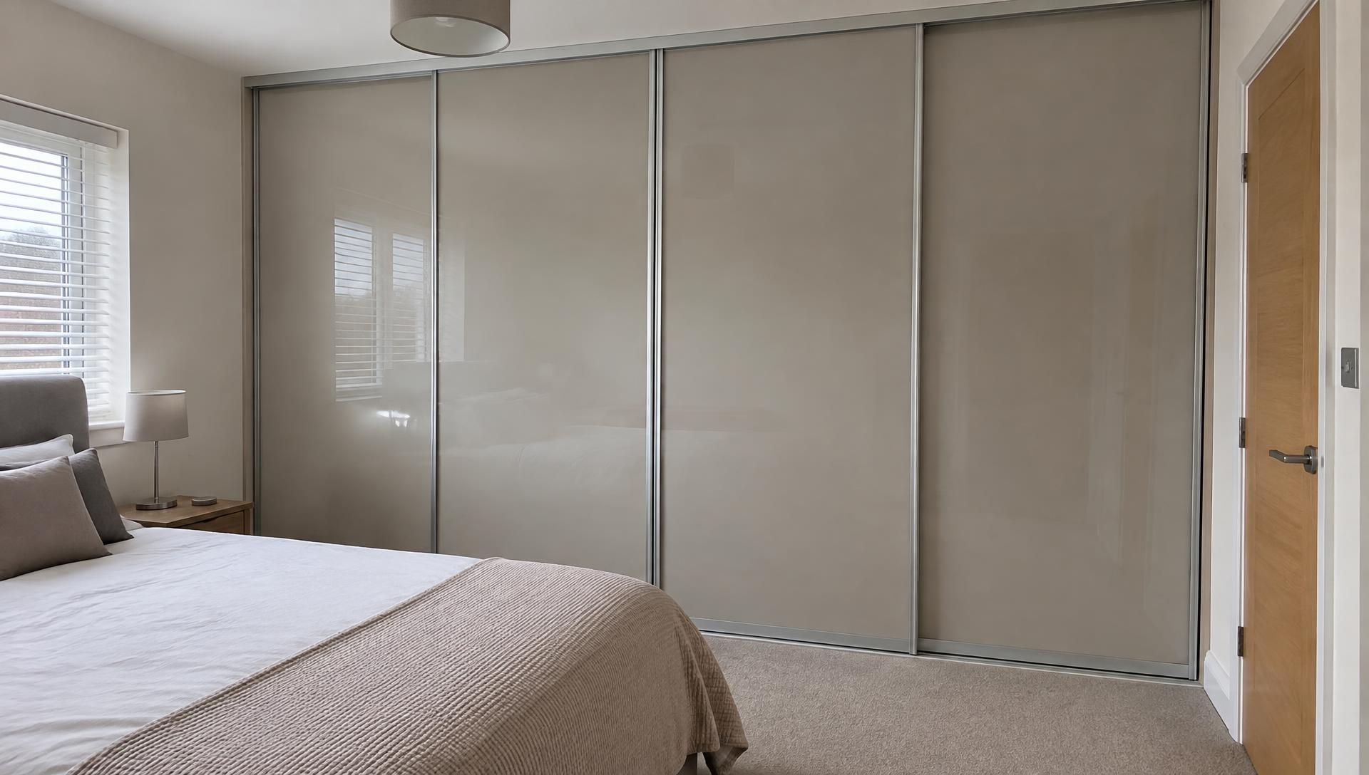 Taupe coloured glass sliding wardrobe doors in silver frames fitted wall to wall in a Cardiff bedroom