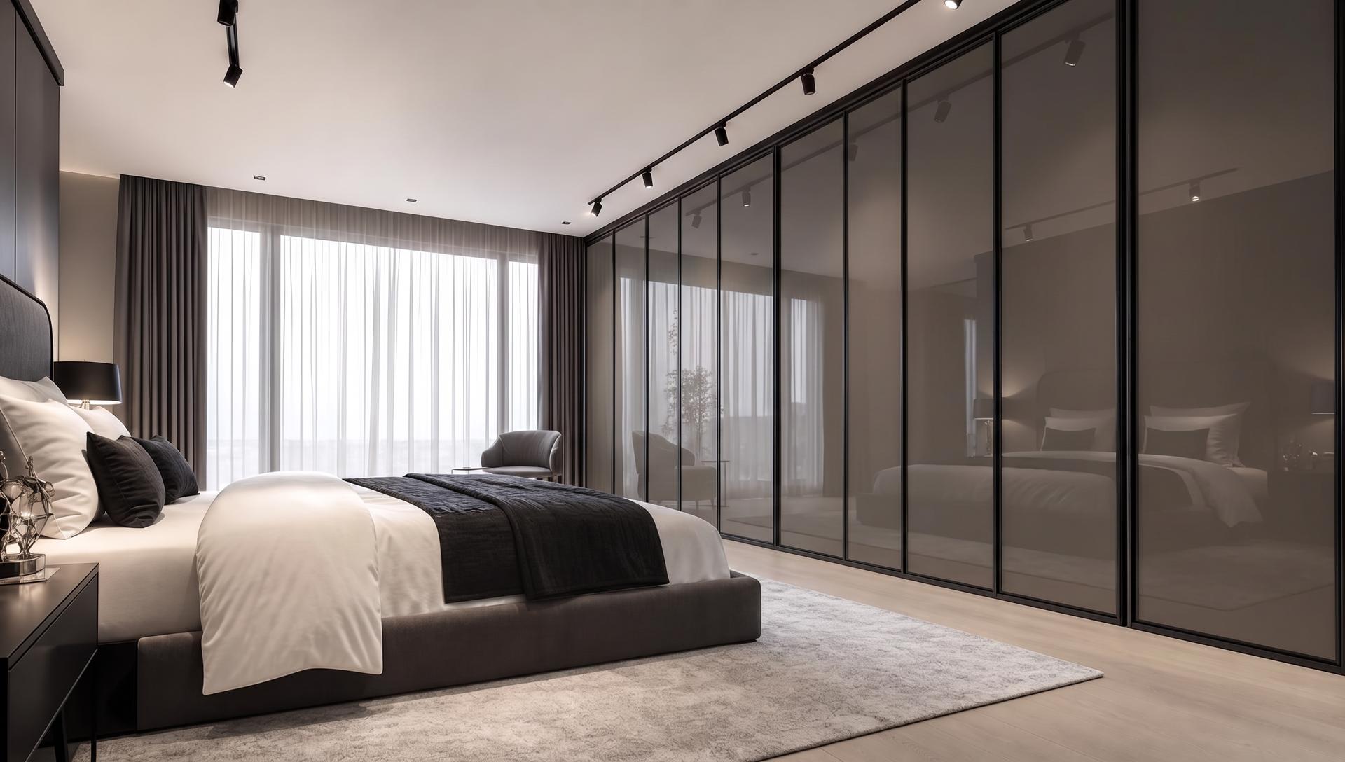 Warm charcoal coloured glass sliding wardrobe doors fitted floor to ceiling in a modern South Wales bedroom