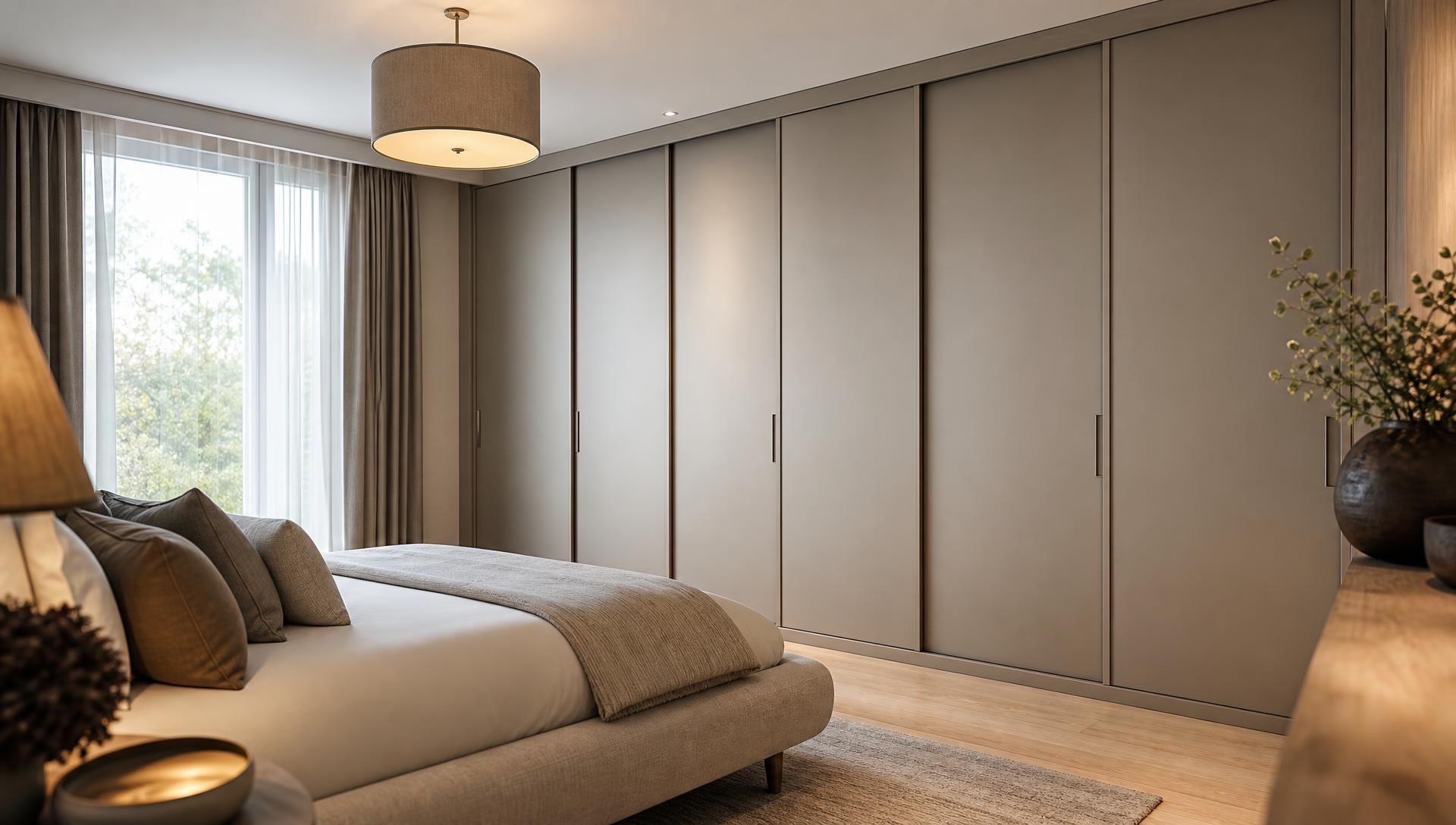 Solid panel sliding wardrobe doors colour matched to the walls of a South Wales bedroom