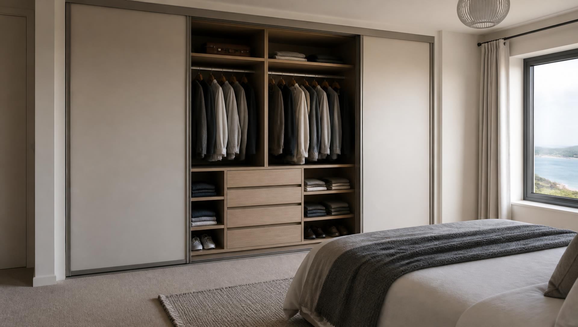 Sliding wardrobe doors slid open to show hanging rails and drawers in a nineteen thirties semi bedroom in Swansea