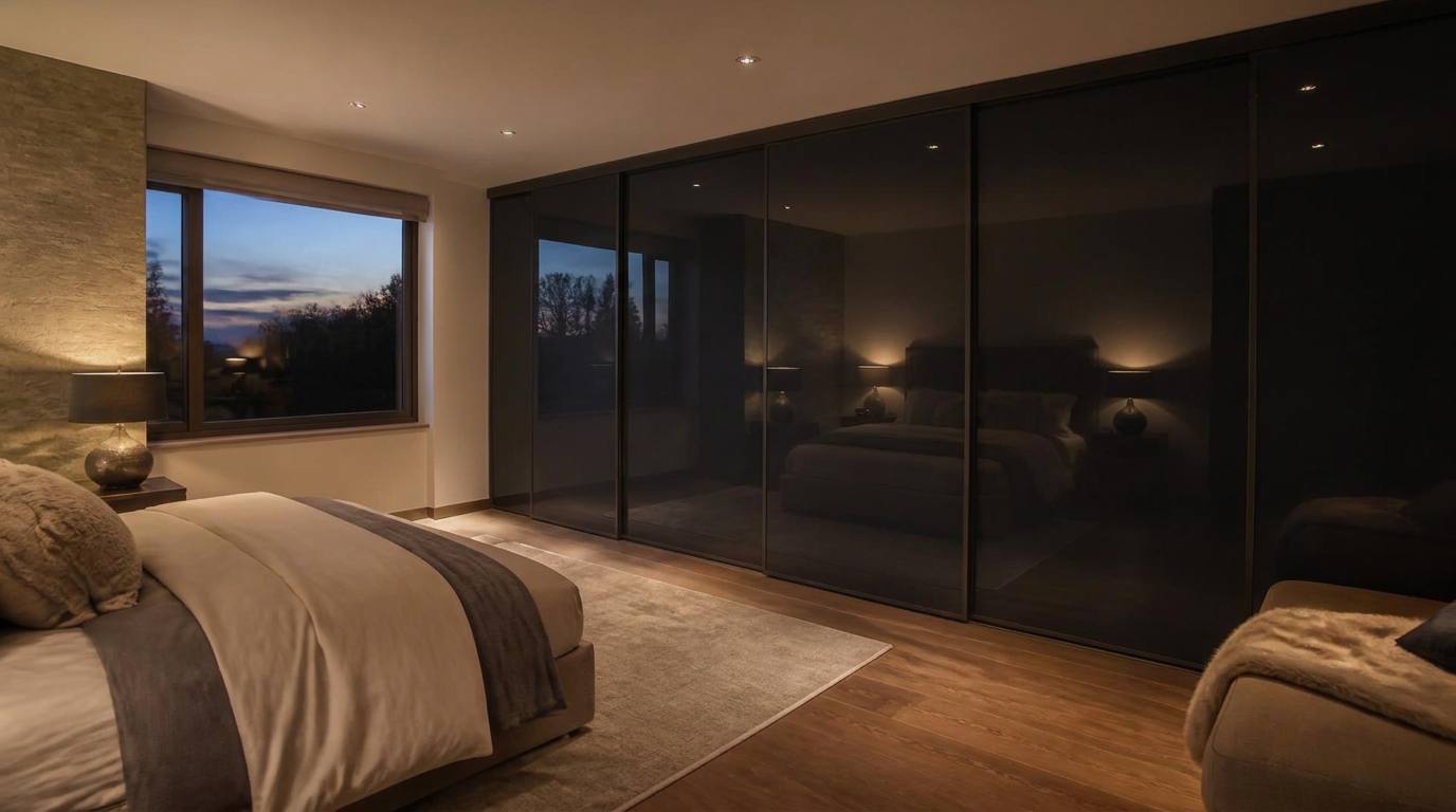 Dark charcoal coloured glass sliding wardrobe doors running along one wall of a well-kept Vale of Glamorgan bedroom