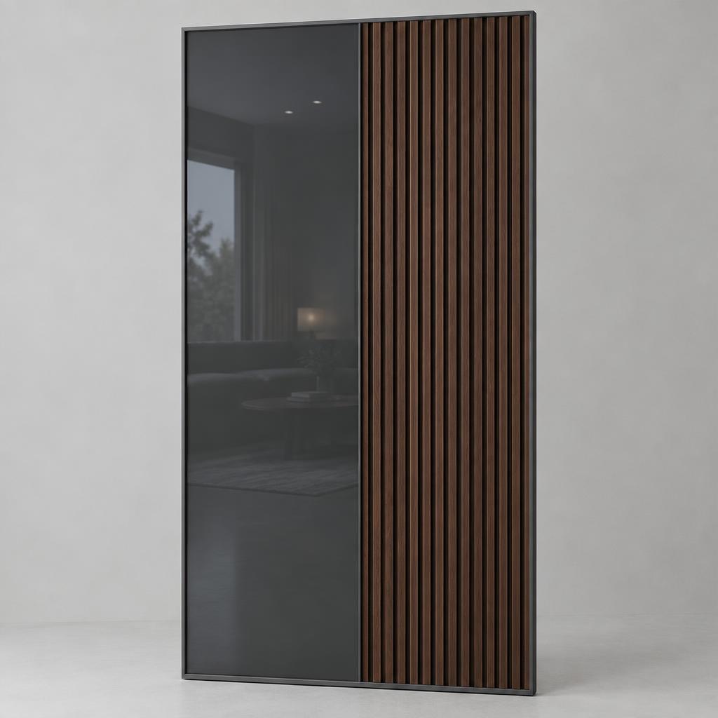 Workshop sample combining charcoal grey coloured glass with a dark walnut acoustic wooden slat panel in a graphite frame